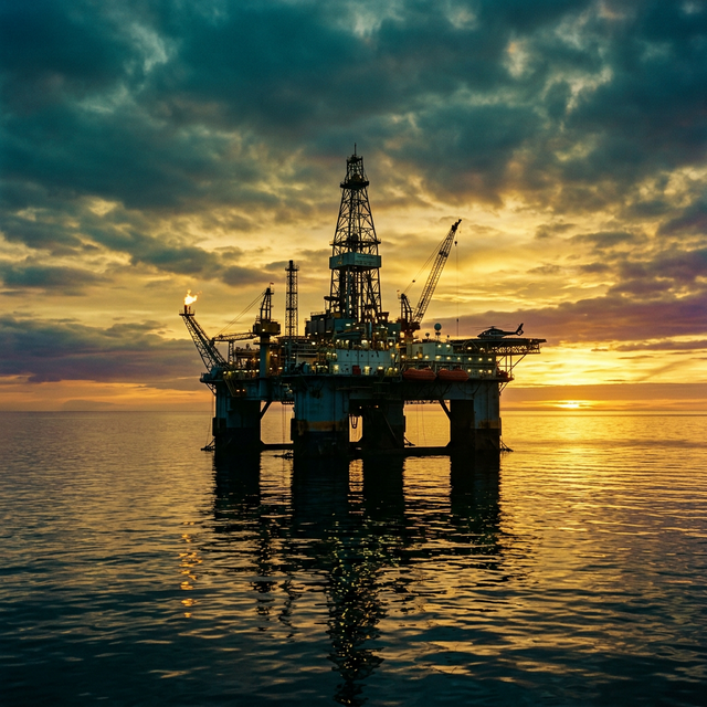 Offshore oil rig at sunset